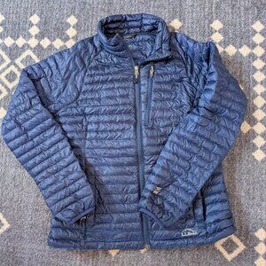 LL Bean ultralight 850 down jacket, dark metallic blue, women's medium, and exce